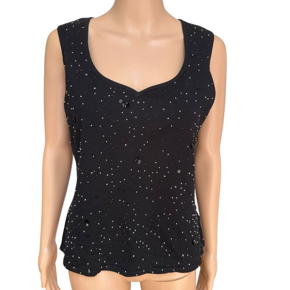 Rena Rowan vintage  Black Silk Blend Embellished Sleeveless Sweater Tank Top L